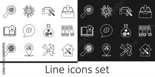 Set line House service, Office folders, Car, Hashtag speech bubble, Interesting facts, Microorganisms under magnifier, Test tube with virus and Bacteria icon. Vector