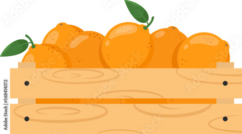 Wooden crate with ripe oranges. Farmer's market, healthy eating or fresh tropical fruits theme. Vector illustration isolated on white background.