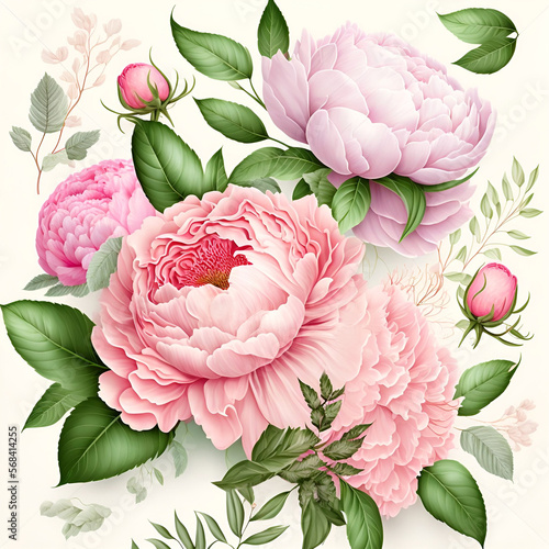 Bouquet of pink peonies and leaves on a white background. Generative AI