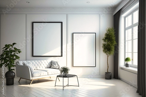 3d illustration of empty frame wall white modern interior living room - created with AI