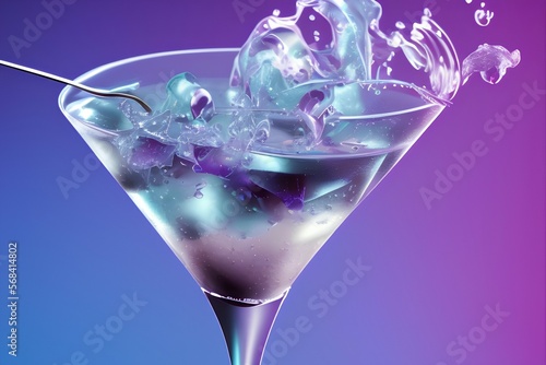 martini cocktail splash in blue and purple smoky background - generative ai