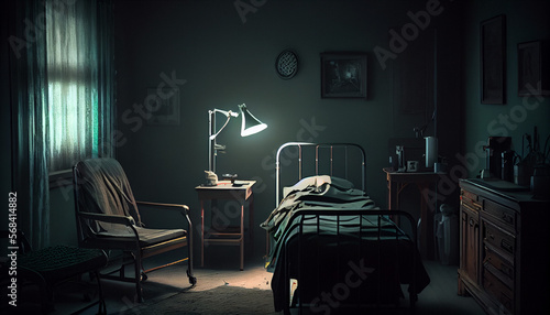 Euthanasia concept. Empty bed in old person room in nursing home. Generative AI photo