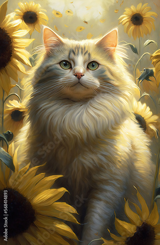 Beautiful cute cat surrounded by sunflower. Generative AI.