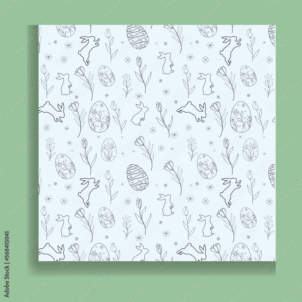 Seamless pattern icons with Easter eggs, flowers, bunnies, and butterflies, vector design.