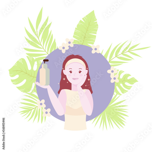 Skin cleansing vector illustration, cute girl wash her face and using SPF cream. Glowing skin, trendy glass skin effect. Body care and SPA. Tropic leaves on background. Beauty and cosmetics concept.