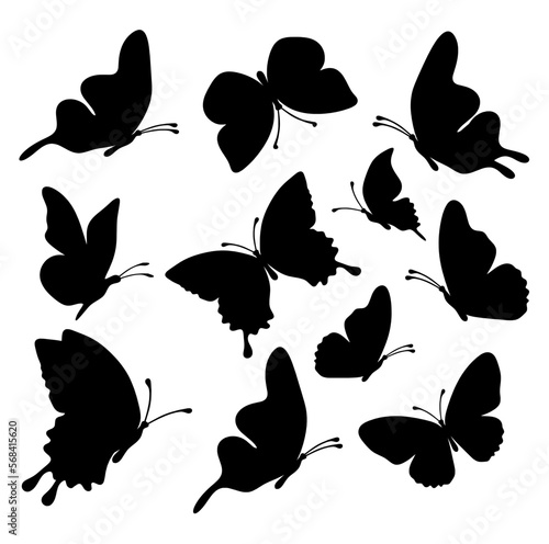 Set of silhouette black butterflies on white background. Vector