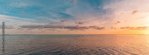 Obraz  z motywem Panoramic sea skyline beach. Amazing sunrise beach landscape. Panorama of tropical beach seascape horizon. Abstract colorful sunset sky light tranquil relax summer seascape freedom wide angle seascape
