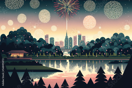 View of Seoul, South Korea, and fireworks at Lake Seokchonhosu Park. Generative AI photo