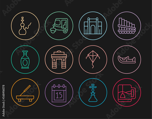 Set line Cup of tea with tea bag, Indian shoes, Gate in Delhi, vase, Hookah, Kite and Taxi tuk tuk icon. Vector