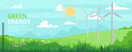 Meadow landscape banner. Wind turbines. Industrial green energy concept. Vector illustration in a flat style. Wind mill on summer background. Renewable energy sources. Wind farm and factory.
