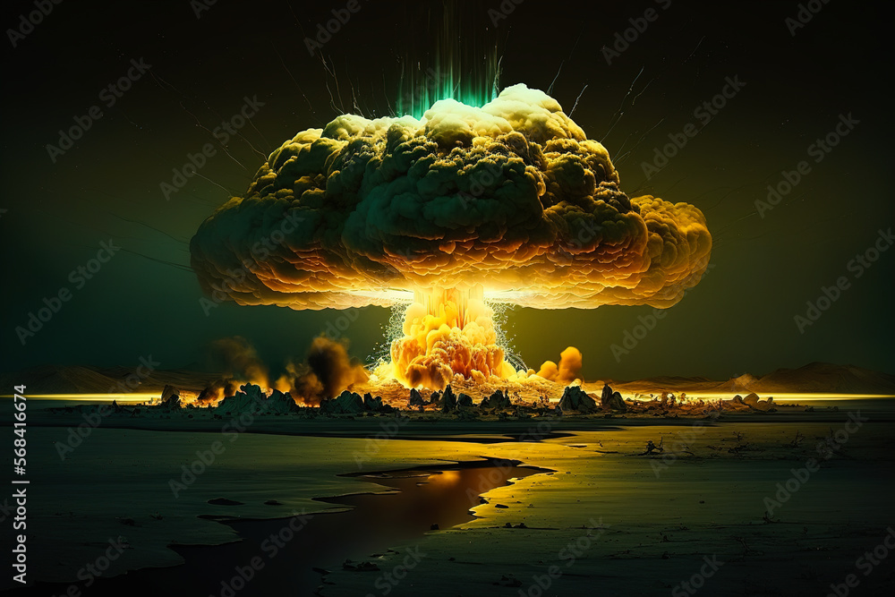 Fototapeta premium Nuclear bomb explosion in the desert, generative ai