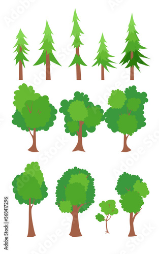 Green trees flat vector illustration. Pine  fir tree  oak  maple. Beautiful green leaves isolated on white. Natural forest plant for landscaping. Ecology garden template. Spring season trees.