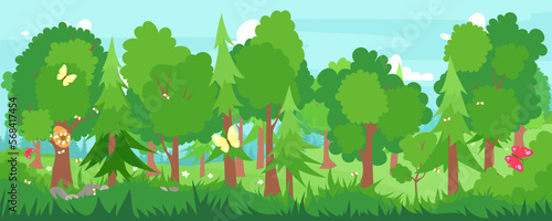 Green trees in forest flat vector illustration. Pine  fir tree  oak  maple. Beautiful green grass. Natural forest landscaping plant. Ecology park template. Spring season landscape with bugs.