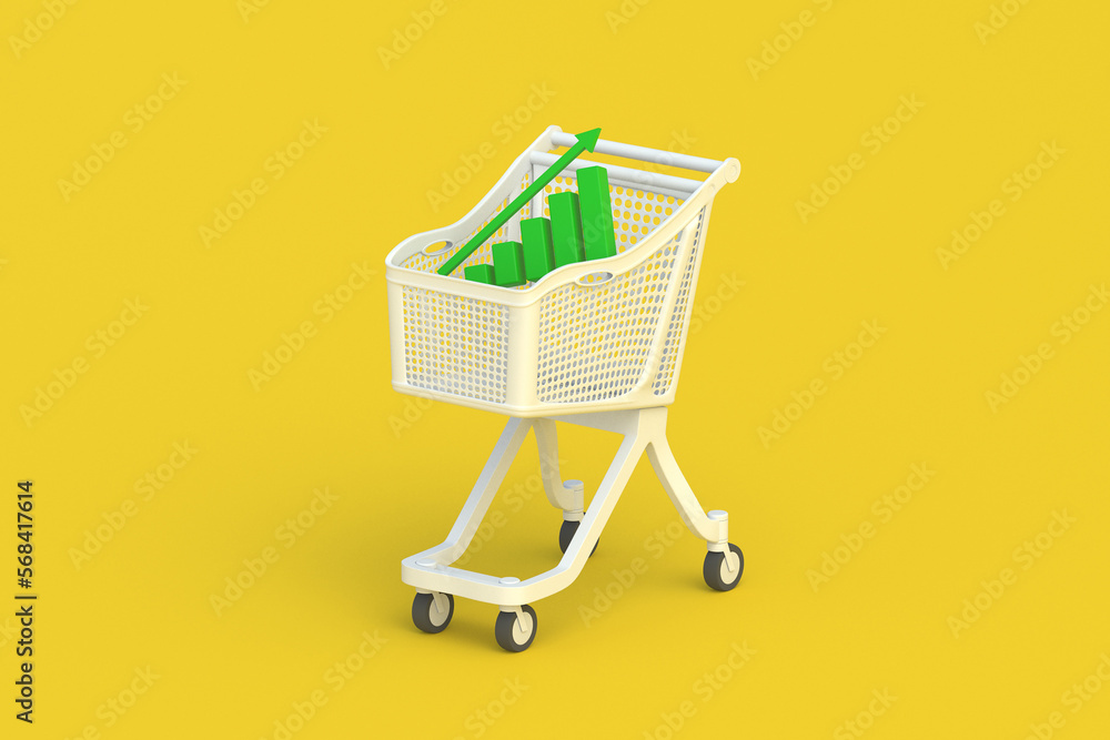 Green increase graph with up arrow in market cart. 3d render