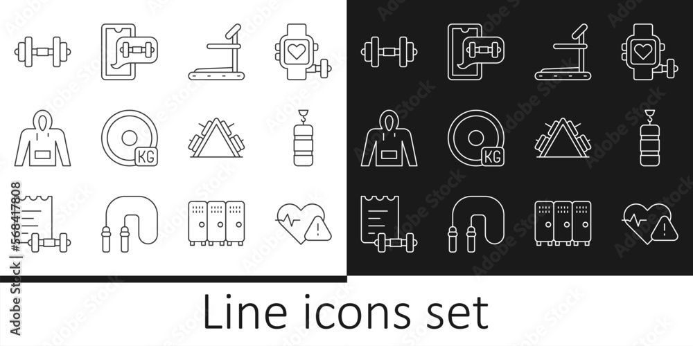 Set line Heart rate, Punching bag, Treadmill machine, Weight plate, Hoodie, Dumbbell, Metal rack with weight and Fitness app icon. Vector