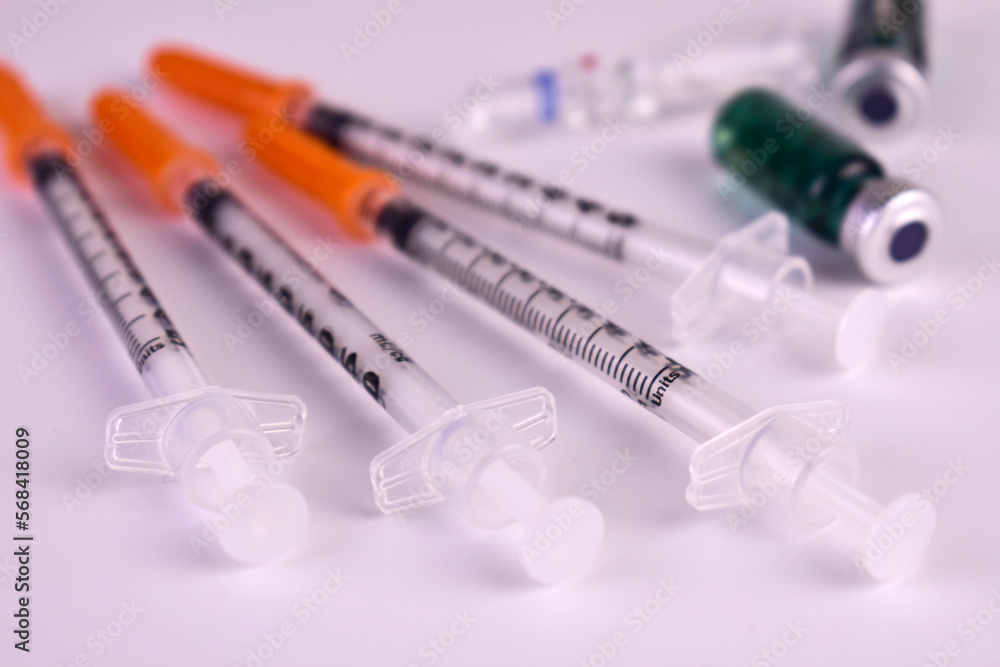 Insulin syringes on a white background.Close-up.
Insulin syringes on a white background.Close-up.