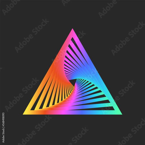 Triangle logo geometric shape, spiral perspective with rotation, cyberpunk portal fractal shape artwork, form of balance identity rainbow gradient.