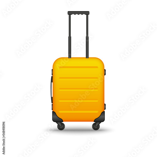 Yellow hard suitcase on wheels with retractable handle front view, realistic vector object isolated on white background.