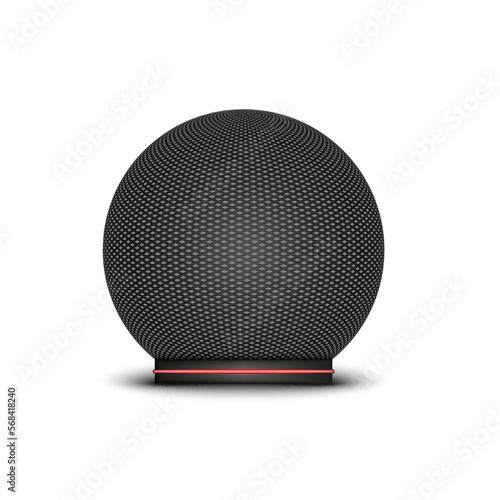 A smart speaker concept sphere shape and red neon lights, voice command device with an integrated virtual assistant, realistic 3d vector ai hub smart device vector object isolated on white background.