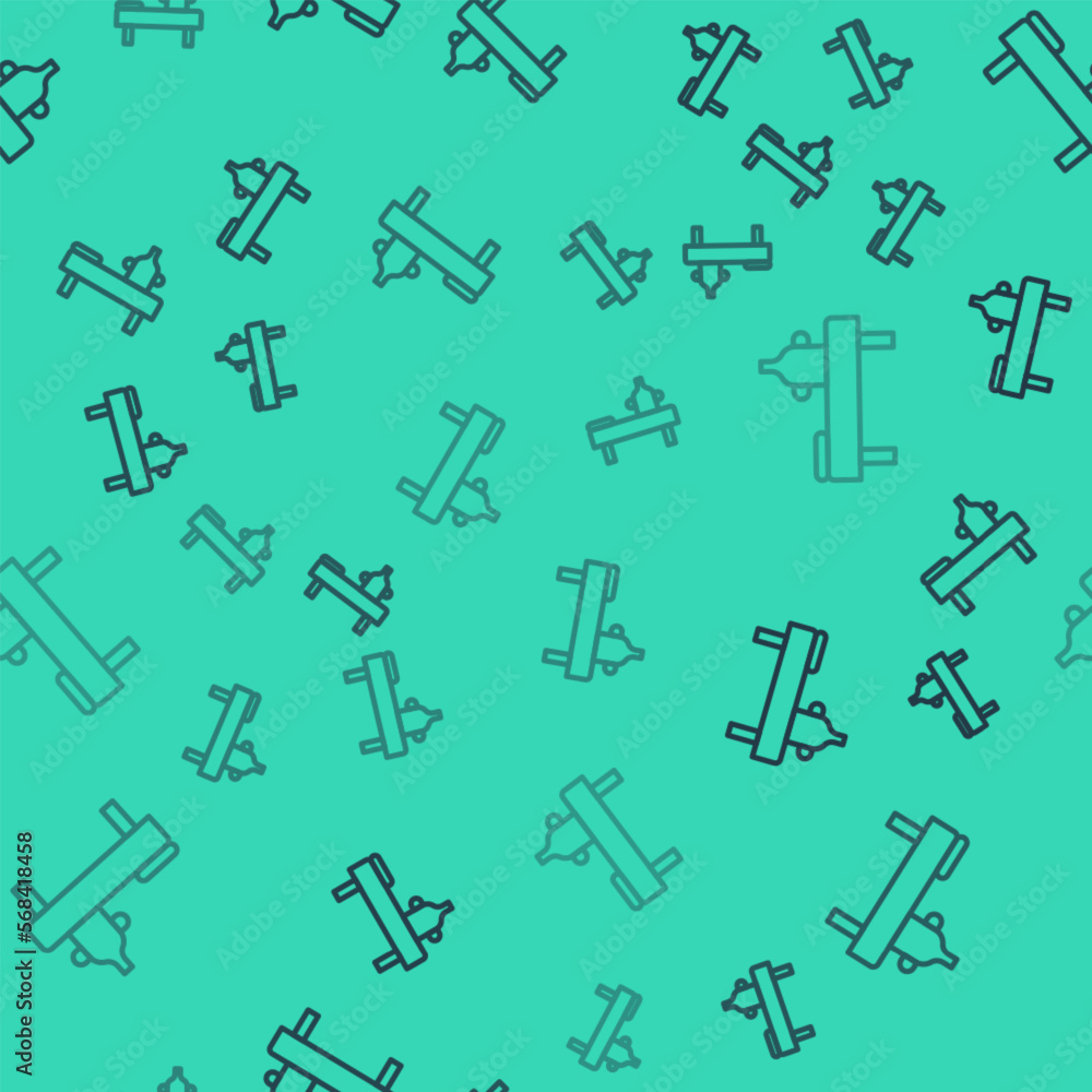 Black line Massage table with oil icon isolated seamless pattern on green background. Vector Black line Massage table with oil icon isolated seamless pattern on green background. Vector