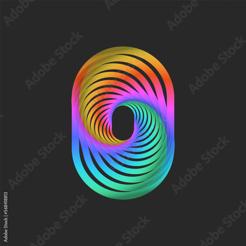 Monogram O logo letter, cyberpunk fractal oval shape design mockup or zero 0 symbol rainbow gradient style.