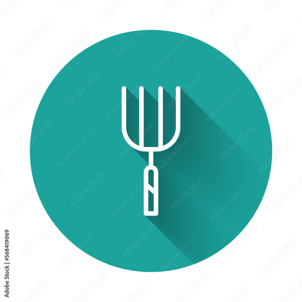 White line Garden pitchfork icon isolated with long shadow. Garden fork sign. Tool for horticulture, agriculture, farming. Green circle button. Vector White line Garden pitchfork icon isolated with long shadow. Garden fork sign. Tool for horticulture, agriculture, farming. Green circle button. Vector