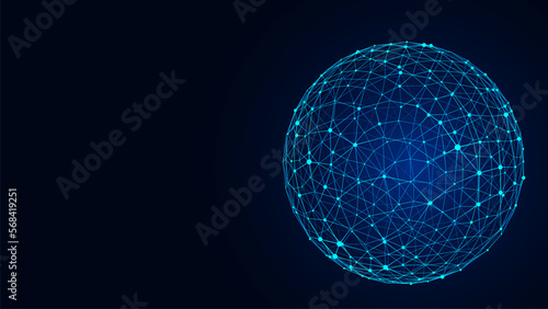 Abstract sci-fi sphere with particles and lines. Technology network connection on world. Futuristic vector illustration. Global digital connections ai. 3D wireframe geometric sphere.