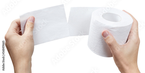 Obraz na plátně Hands unrolling toilet paper roll cut out