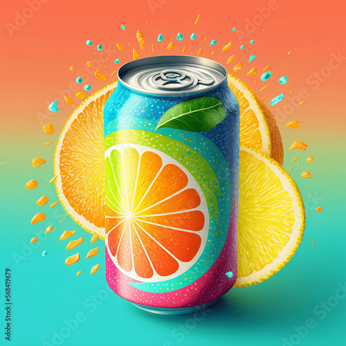 An image of a can resembling a fruity refreshment drink, depicted in an advertising campaign style