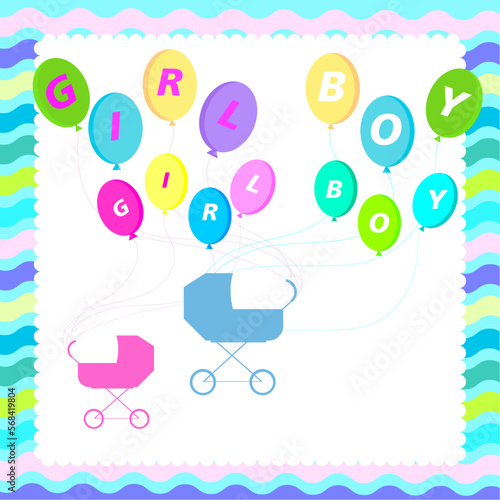 Baby shower. Postcards, christenings, invitations, birthday greetings twins Vector illustration. Postcard, newborn babies, children's day, dove and red stroller, colorful balls