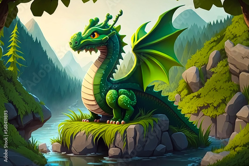 Sweet Dragon in the green forest  children s book style. Generative AI