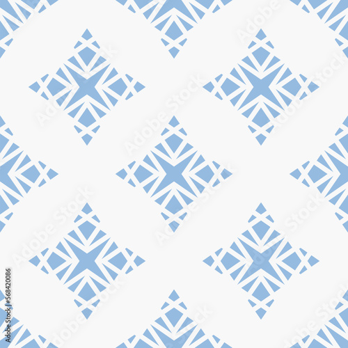 Elegant seamless pattern with star shapes, diamonds, crystals. Simple minimal blue and white ornament texture. Oriental traditional modern background. Repeat decorative geo design for print, textile