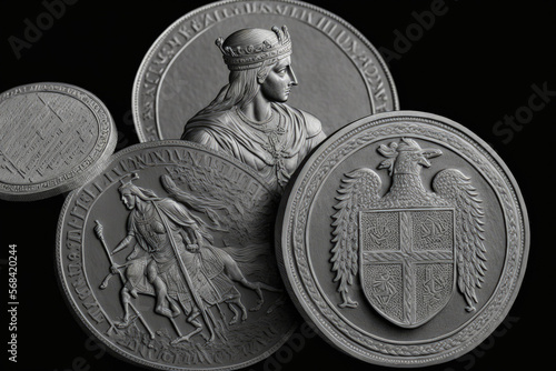 ancient silver coins. Treasure from the period of the Troubles in ancient Russia, when pretenders from Poland and Russia fought for the crown. atop a gray backdrop. Generative AI photo