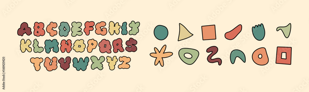vector hand drawn groove alphabet, vintage vector coloured font, 70th, 60th, funky abstract shapes illustration set for diaries and notebook, retro vintage colour shapes collection