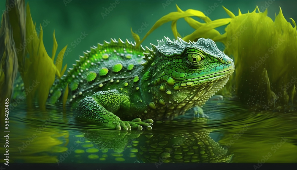Large green lizard in jungle illustration Generative AI Large green lizard in jungle illustration Generative AI