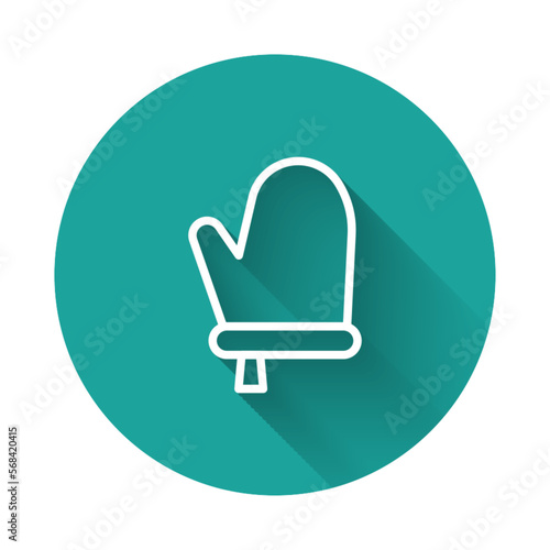 White line Oven glove icon isolated with long shadow background. Kitchen potholder sign. Cooking glove. Green circle button. Vector