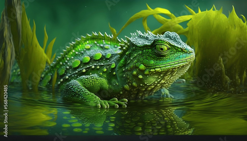 Large green lizard in jungle illustration Generative AI