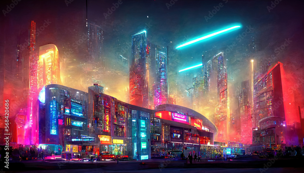 Futuristic metaverse city concept with glowing neon lights. Generative Ai