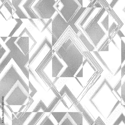 Geometric silver seamless pattern. Repeating abstract rhombus background. Repeated geometry line for designs prints. Foil effect rhomb. Repeat geo lattice. Graphic modern cubes. Vector illustration