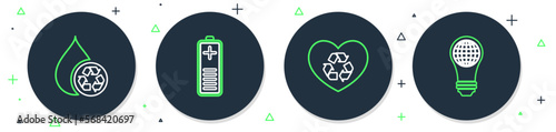 Set line Battery charge level indicator, Eco friendly heart, Recycle clean aqua and Light bulb with world globe icon. Vector
