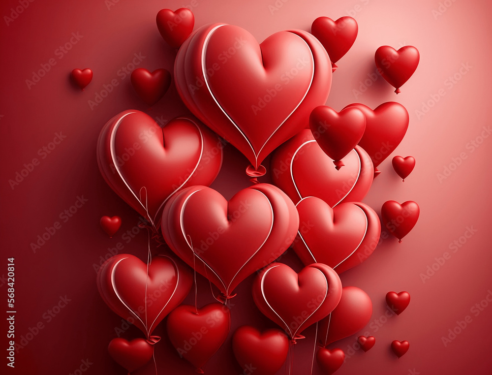 Valentine's day red hearts ballons red background Generative AI
