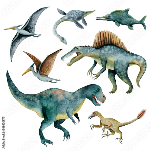 Fototapeta Naklejka Na Ścianę i Meble -  Watercolor dinosaurs illustration set with preditory tyrannosaur, spinosaurus, flying dunosaurs and veloiraptor