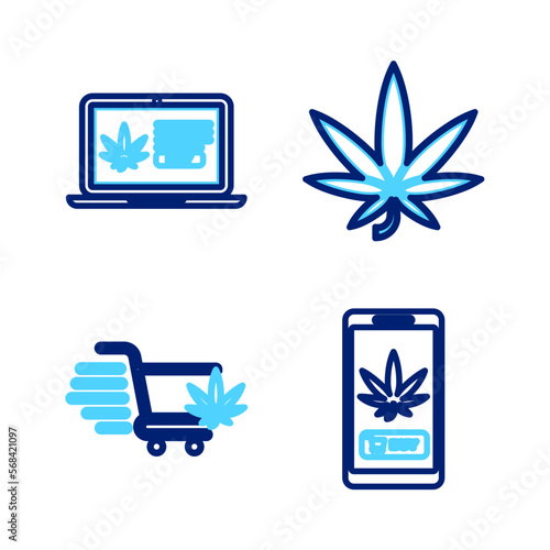 Set line Online buying marijuana, Shopping cart with, Marijuana or cannabis leaf and icon. Vector