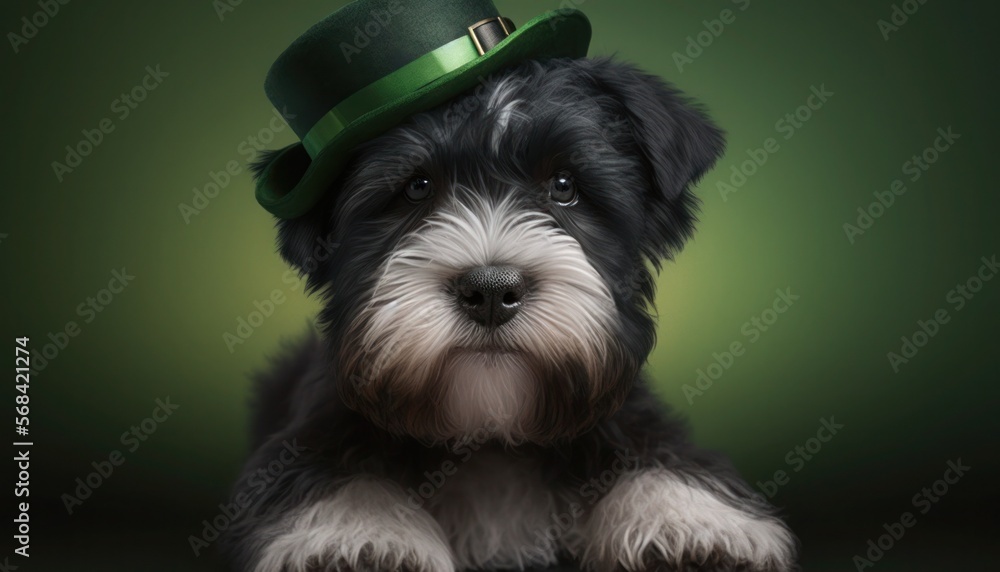 St Patricks' cute dog with green hat, generative ai