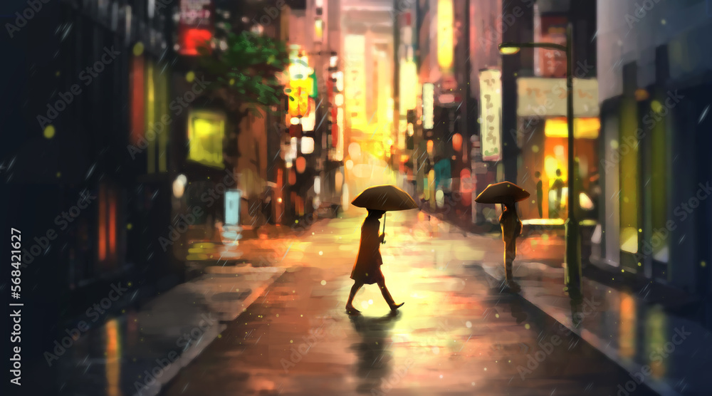 Street After The Rain Illustration hand drawn digital art, digital painting