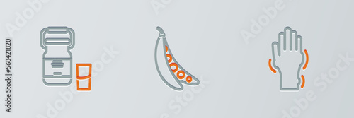 Set line Hand with psoriasis or eczema, Can container for milk and Kidney beans icon. Vector