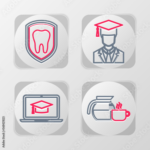 Set line Coffee pot with cup, Graduation cap on laptop, Graduate graduation and Dental protection icon. Vector
