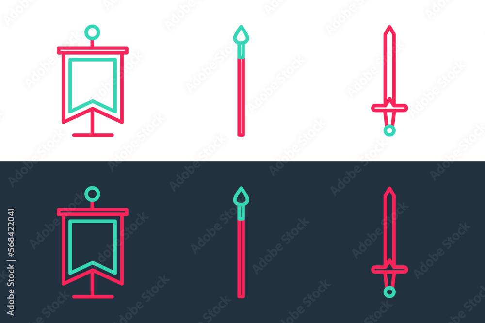 Set line Medieval sword, flag and spear icon. Vector