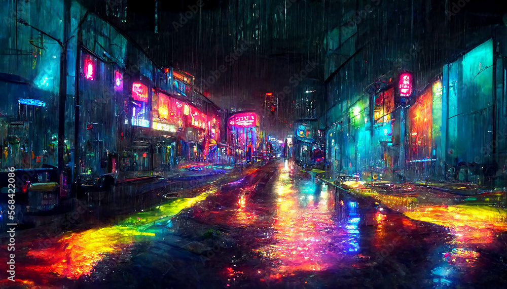 Surprising Wet road in rainy street in future cyberpunk city with neon lights. Generative Ai