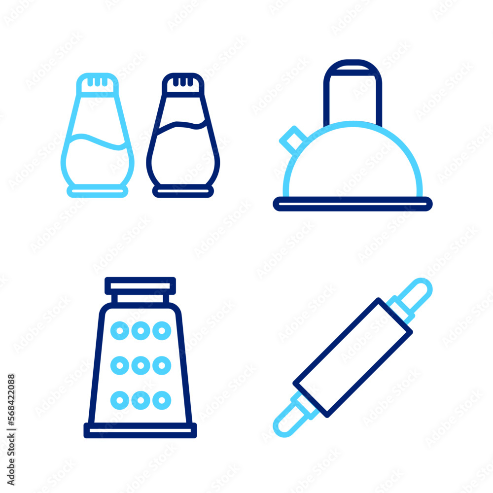 Set line Rolling pin, Grater, Kettle with handle and Salt pepper icon. Vector Set line Rolling pin, Grater, Kettle with handle and Salt pepper icon. Vector